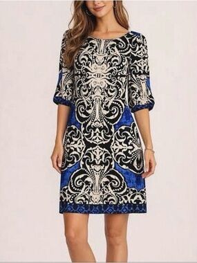 White House Black Market Blue, Black and Cream Printed Midi Dress